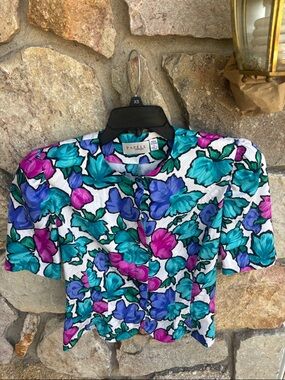 Papell Boutique Multicolor Floral Blouse & Skirt suit in Teal, Purple & Fuchsia